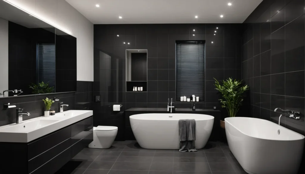 salle de bain avec carreaux foncés